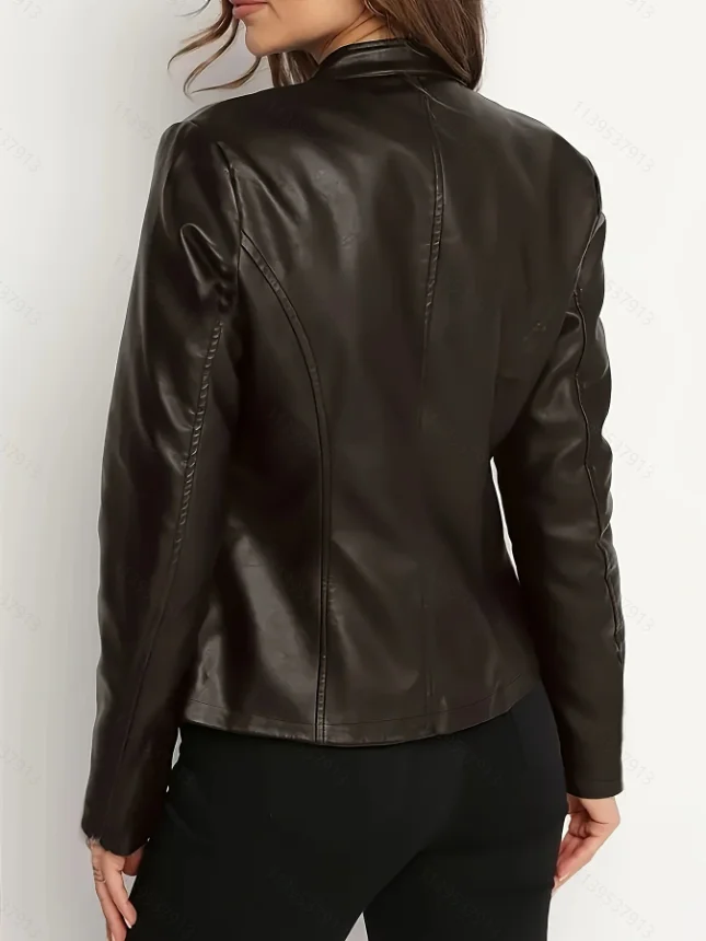 Women's Faux Leather Biker Jacket, Stand Collar Zip-Up Biker Coat, Slim Fit Pu Leather Jacket, Casual Street Style Women's Jacket for Autumn and Winter.
