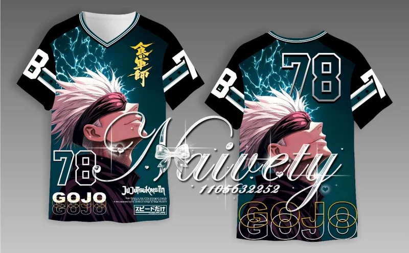 Summer New Jujutsu Kaisen Gojo Satoru 3D Print Quick Dry V Neck Jersey Loose Sports Tee Unisex Cool Anime Manga Football T-shirt