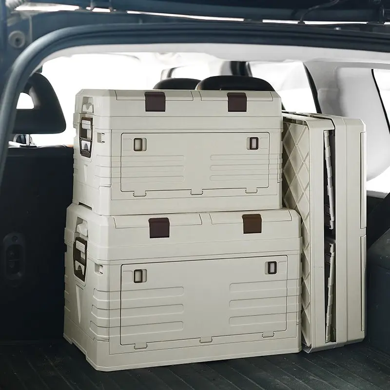 Foldable Plastic Storage Box Set, Beige Brown Collapsible Organizer Bins, Stackable Waterproof Portable Containers For Car Trunk