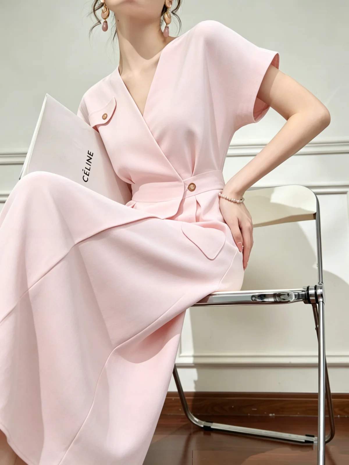 

Sweet Pink Waist-Cinching Dress Women's Summer New Design Long Dress Knitted Slim Fit Short Sleeve round Neck Thin Fabric