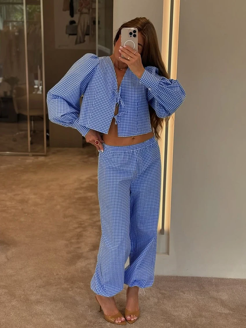 

Marthaqiqi Plaid Women'S Nightgowns Set Long Sleeve Pajamas Crop Top Nightie V-Neck Nightwear Pants Casual Ladies Sleepwear Suit