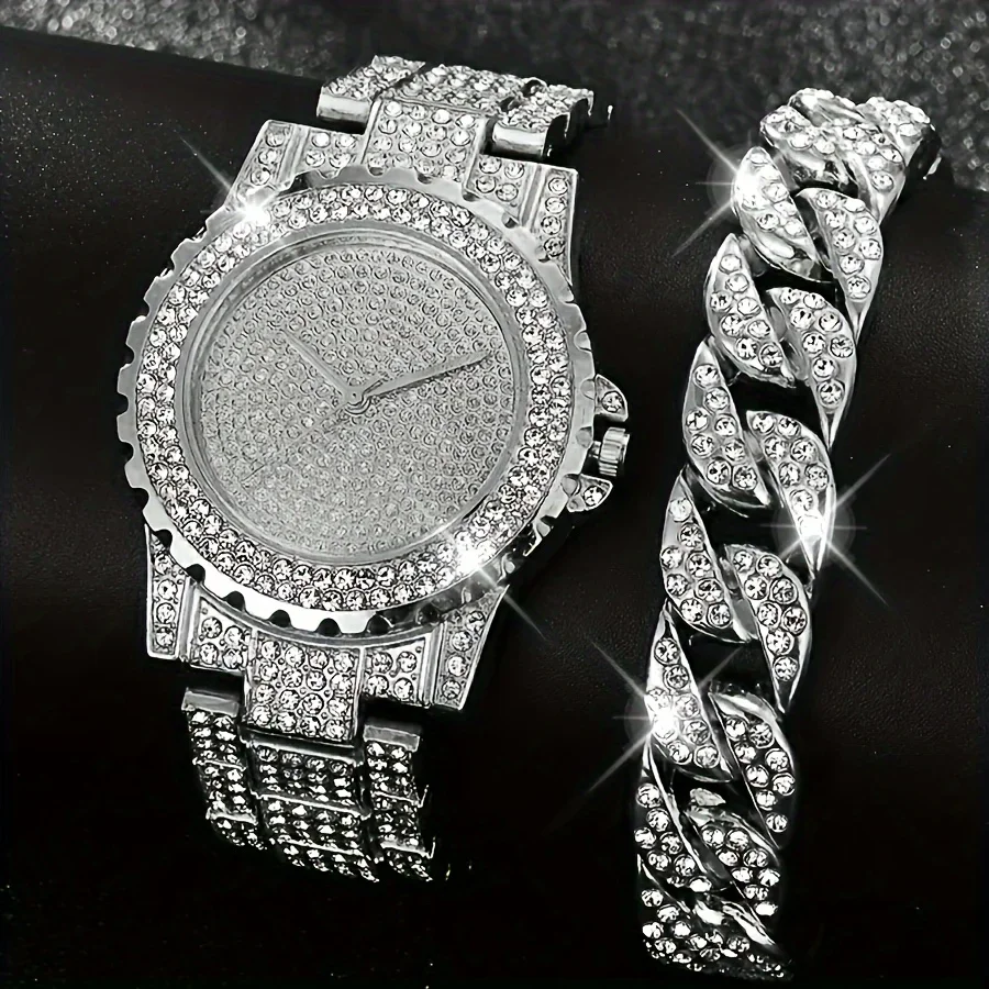 Women's Bracelet and Watch Set, Fashion Ladies Rhinestone Dial Quartz Wristwatch Elegant Female Bracelet Watches Set