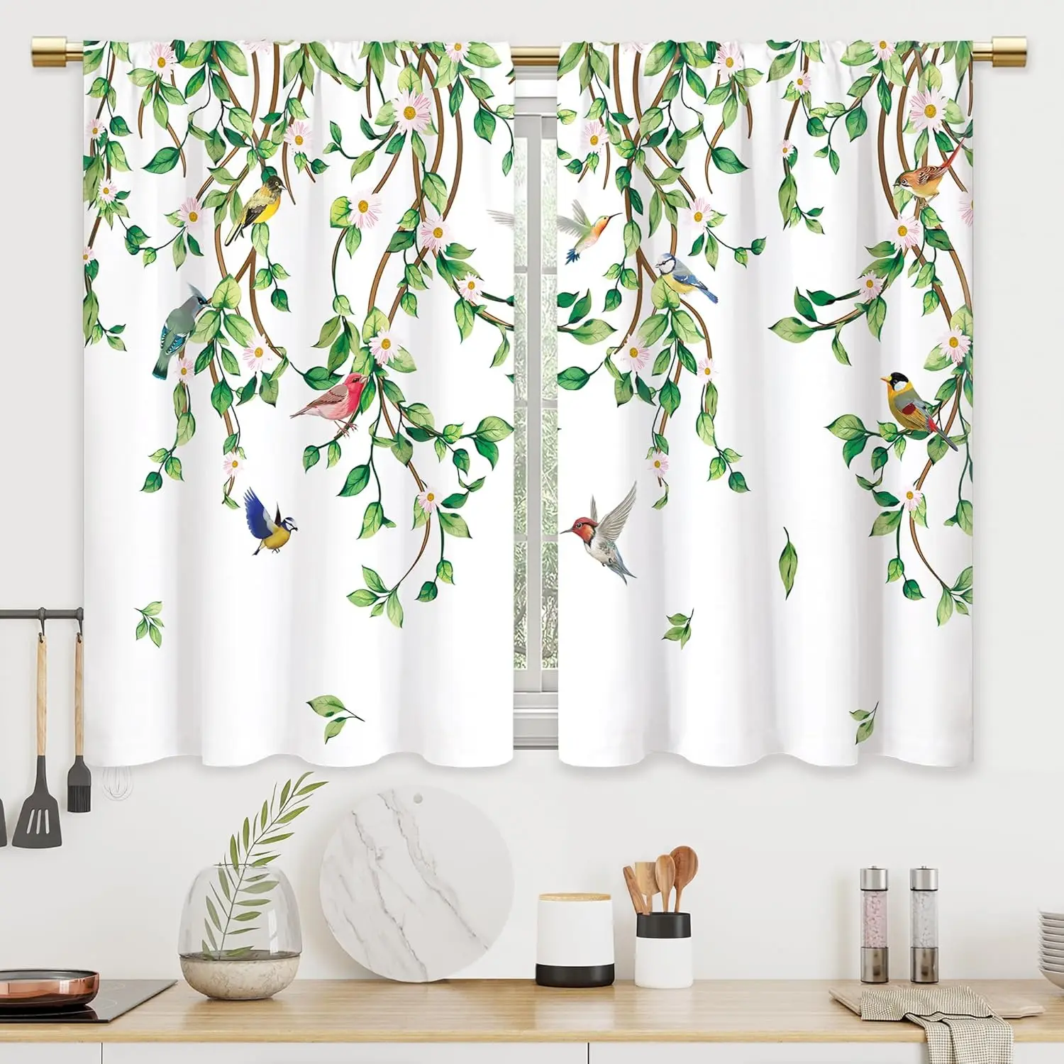 Green Leaves Hummingbird Kitchen Curtains Spring Eucalyptus Sage Green Bathroom Curtains Window Treatment Drape Tier Botanical