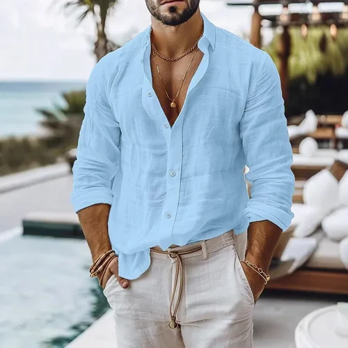 Imagen 2 del producto Camisa de lino de algodón para hombre, estilo playero de verano, camisas transpirables de un solo pecho de Color sólido, Tops ligeros y elegantes con botones