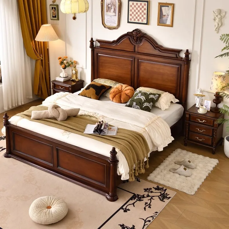 American solid wood bed 1.8 meters double bed household master bedroom large French retro bed small apartment high box storage