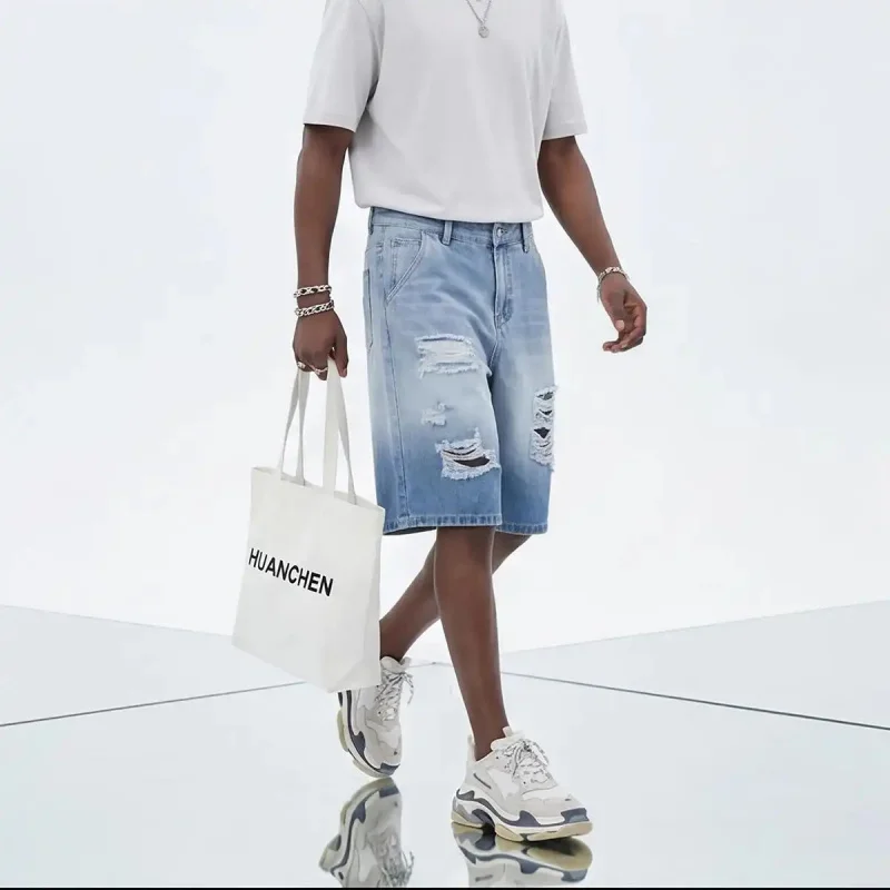 2026 Summer Ripped Denim Shorts for Men, Knee Length, American Retro Style, High Street Style, Plus Size, Loose Fit, Casual Stre