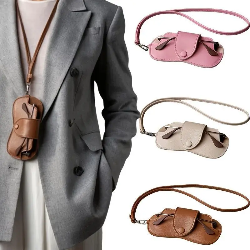 Portable Leather Mirror Clip Neck Eyeglasses Bag Anti-lost String Fashion PU Double-sided Leather Eyeglasses Protective Cover