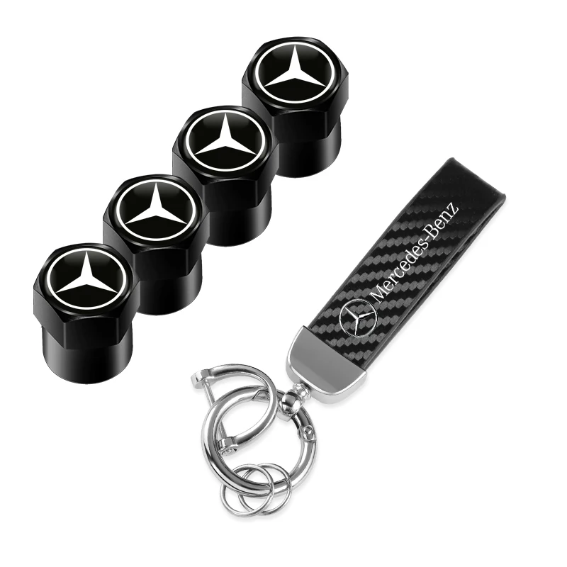 Car Metal Emblem Tire Valve Stem Cap Cover Car leather Keychain For Mercedes Benz AMG W203 W206 W220 W205 W211 W212 W201 W210