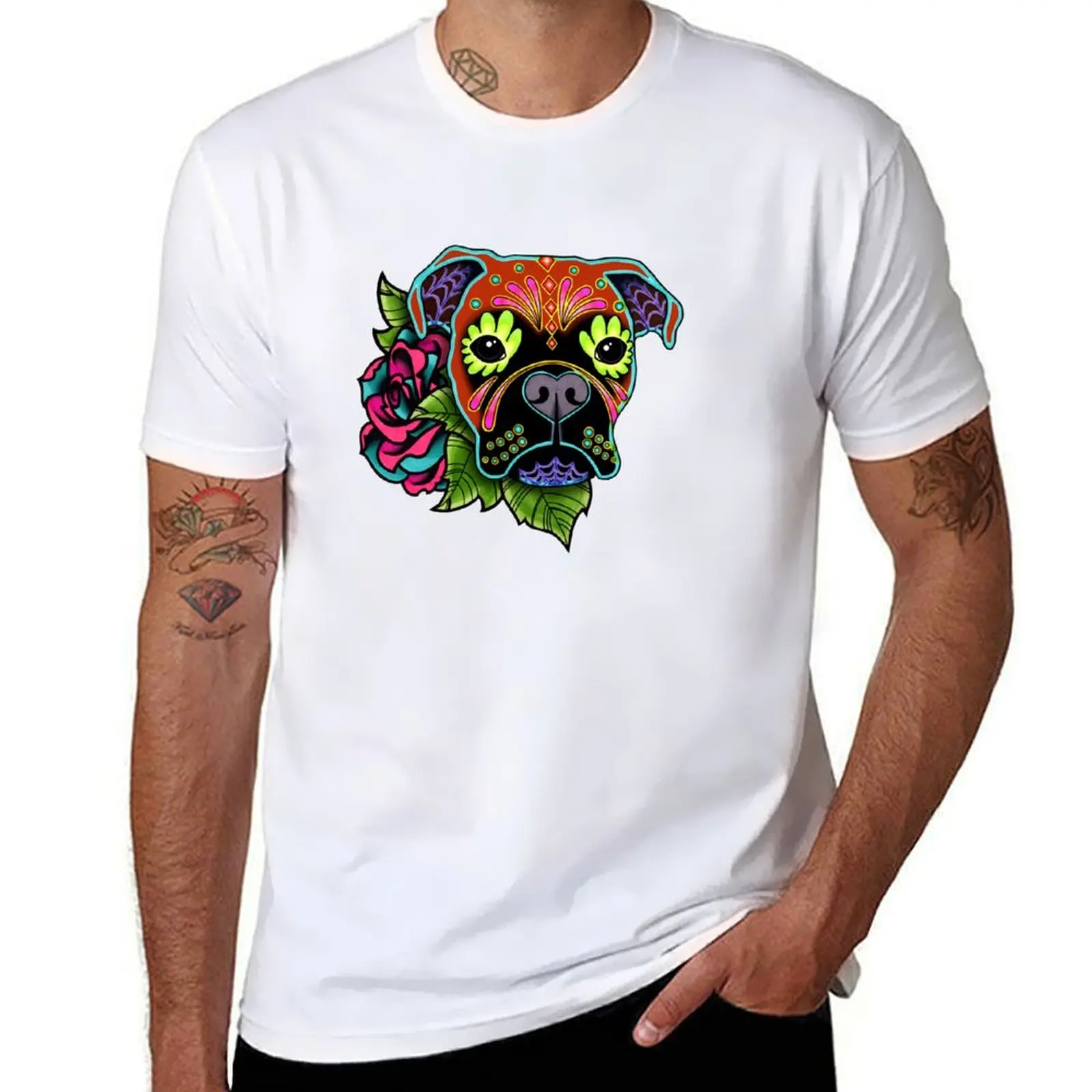 Boxer in Fawn - Day of the Dead Sugar Skull Dog T-Shirt Casual Graphic Print Tee
