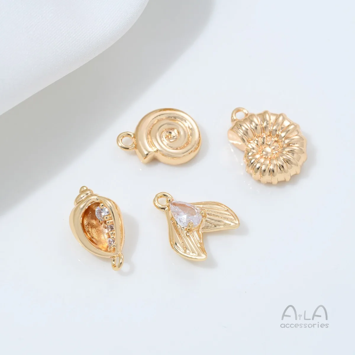 Copper 14K Gold Plated Marine Series Zircon Inlaid Fishtail & Conch Pendant, DIY Accessories For Bracelet & Earrings