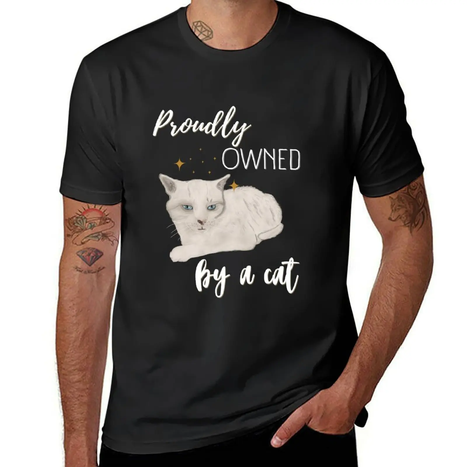 Proudly owned by a cat - white cat with blue eyes T-Shirt vintage clothes Aesthetic clothing Men's t-shirt