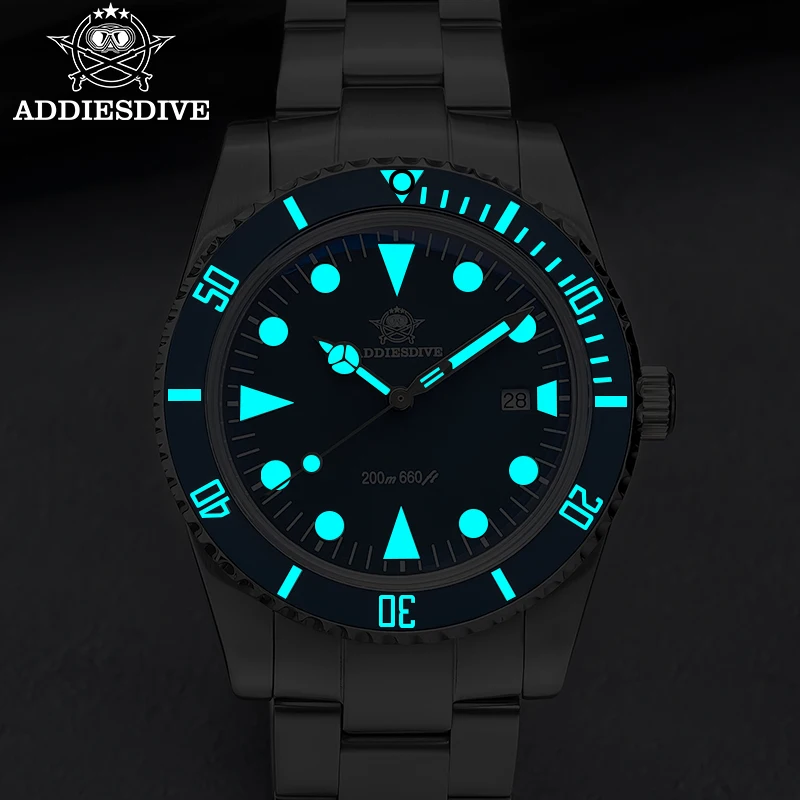 Addiesdive ساعات الغوص 39 مللي متر الراقية الرجال كوارتز ساعة اليد K1 فقاعة الزجاج السيراميك الحافة مضيئة 200 متر مقاوم للماء ساعة رجالي