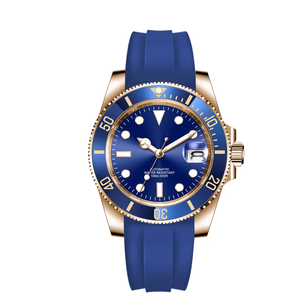 شعار مخصص فاخر NH35/ميوتا ساعة رجالية 40mm أوتوماتيكية ساعات المعصم الميكانيكية الغوص ساعة الياقوت السيراميك ارتفع الذهب شريط مطاطي