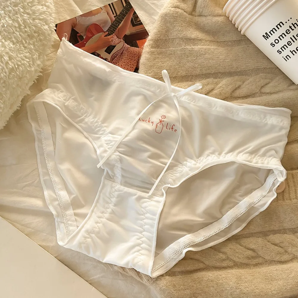 Letter Print Ice Silk Panties Ribbon Bow Female Underwear Ruffle Satin Briefs Cotton Crotch Simple Women's Underpants Women