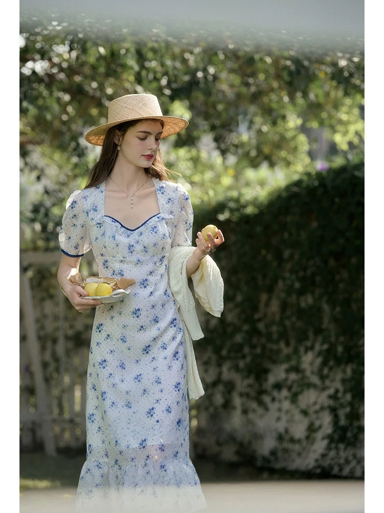 

SimpleRetro Spring Wild Poem Floral Print Dress Women's Summer Bubble Sleeve Square Collar A-Line Skirt Tea Break Dress