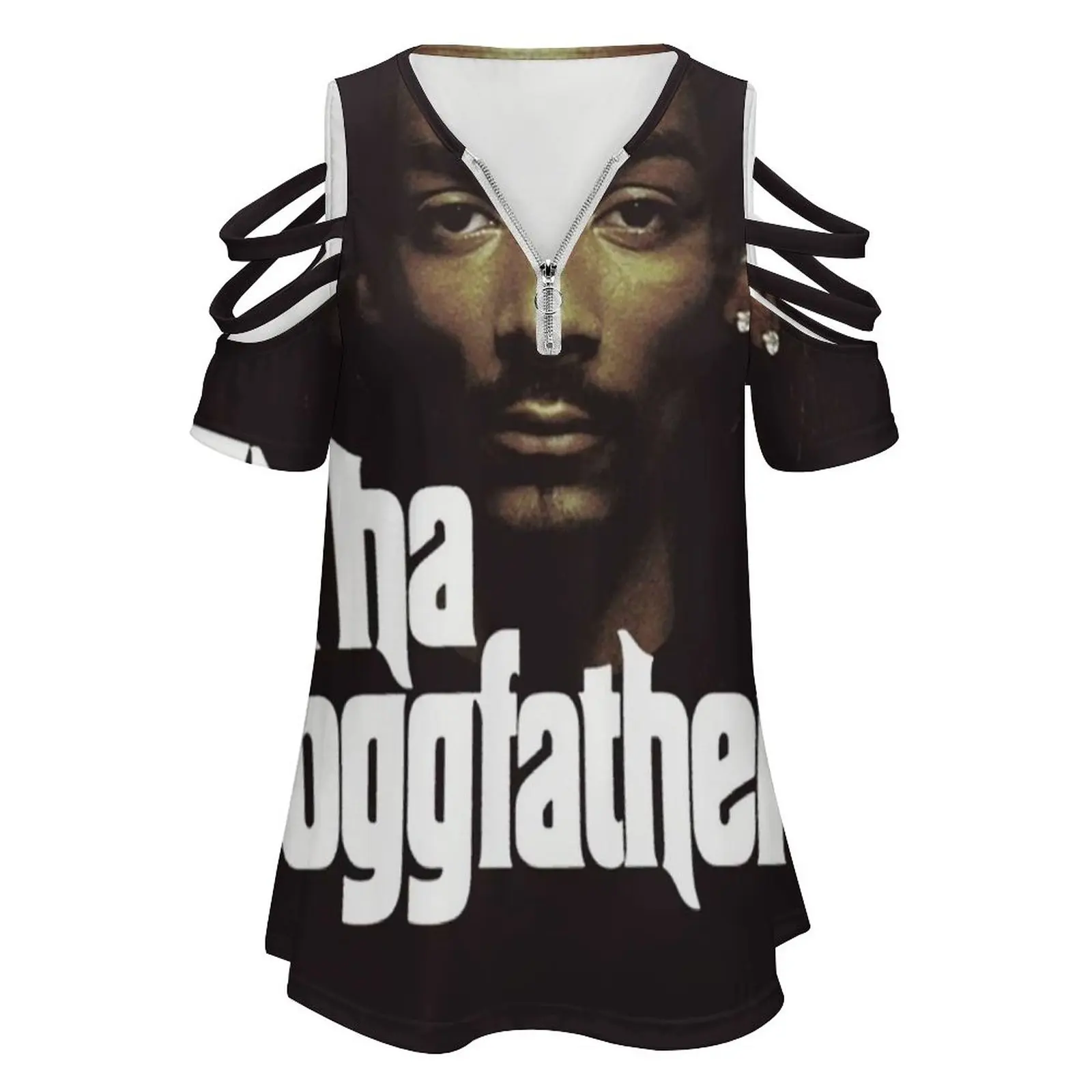 Tha Dogfather Women's T-Shirt Summer Fashion Print Floral V-Neck Zipper Tshirt Hollow Pullover Ladies Top Nizzle Doggystyle