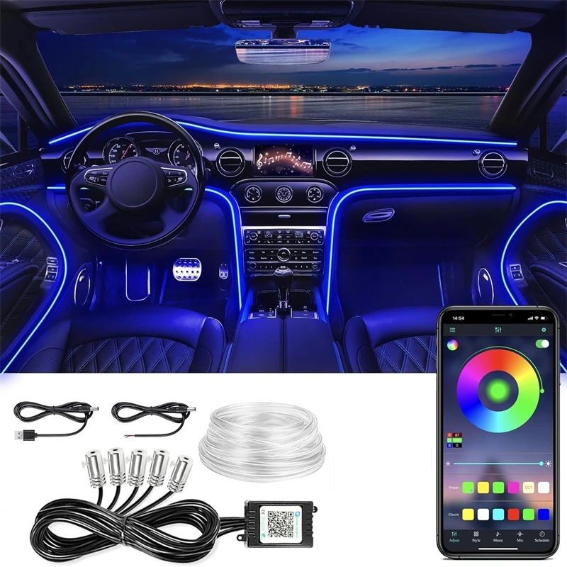 LED 자동차 인테리어 주변 스트립 조명 RGB 광섬유 분위기 네온 조명 키트 W/APP 원격 제어 자동 장식 램프