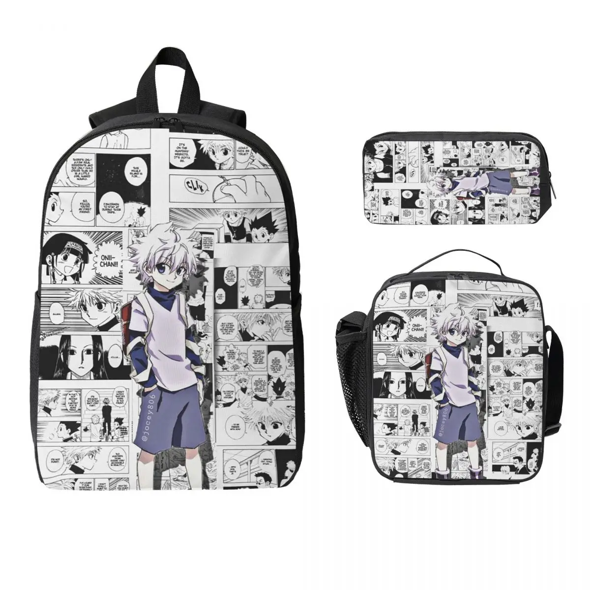 Killua Zoldyck Anime HXH Hunter x Hunter Backpack Student Boys Girls BookBag School Bag 3ps Insulated Lunch Bag Pencil Case