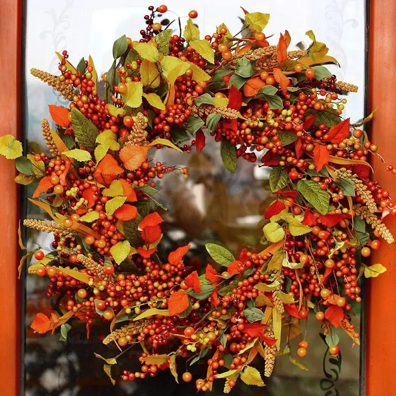 Autumn Door Wreath Christmas Halloween Decoration Pumpkin Berry Pine Cone Maple Artificial Wreath Cloth Rattan Material Home