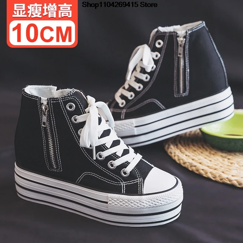 Elevator 8cm Platform Canvas Shoes for Women Hidden Heels High Top Casual Shoes Fashion Designer Thick Sole Wedge Sneakers