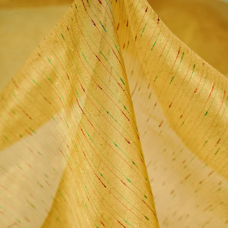 2Code Semi-transparent beige base with irregular colorful lines, organza fabric, shirt dress, or skirtdiyFabricA