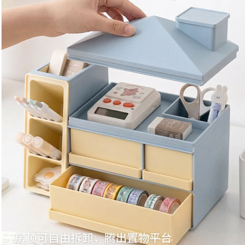 Slant Insert Pen Holder with Drawers Large Capacity Desk Organizer Stationery Storage Box for Office Home School