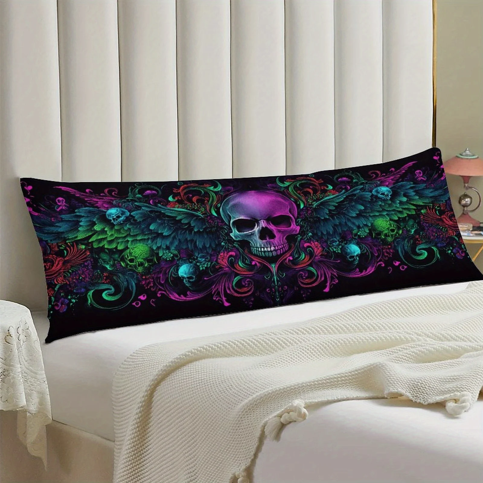 Neon Skull Wings Body Pillow Cover - Gothic Plush Bed Pillowcase Suitable for Bedroom, Sofa - Double-Sided Printed Large Body Pi