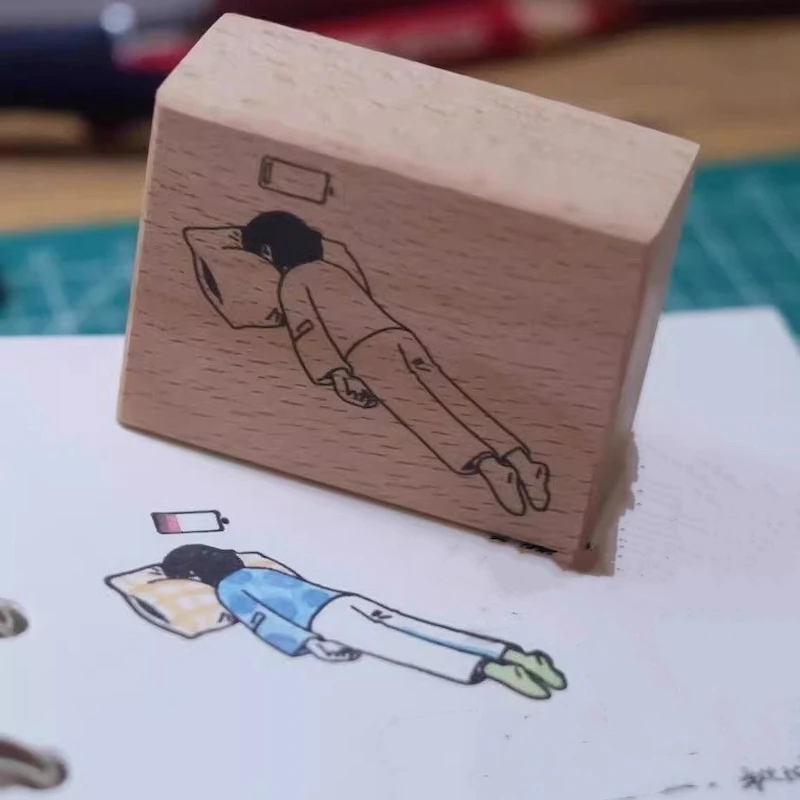 Cute Girl Low Power Themed Wood Stamp for Scrapbooking Junk Journal Diary Deco DIY Craft Supplies Hobby Wooden Seal
