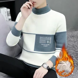 Men's Autumn Winter Turtleneck Flocking Letter Pullover Solid Long Sleeve Sweater Knitted Casual Undershirt Vintage Loose Tops