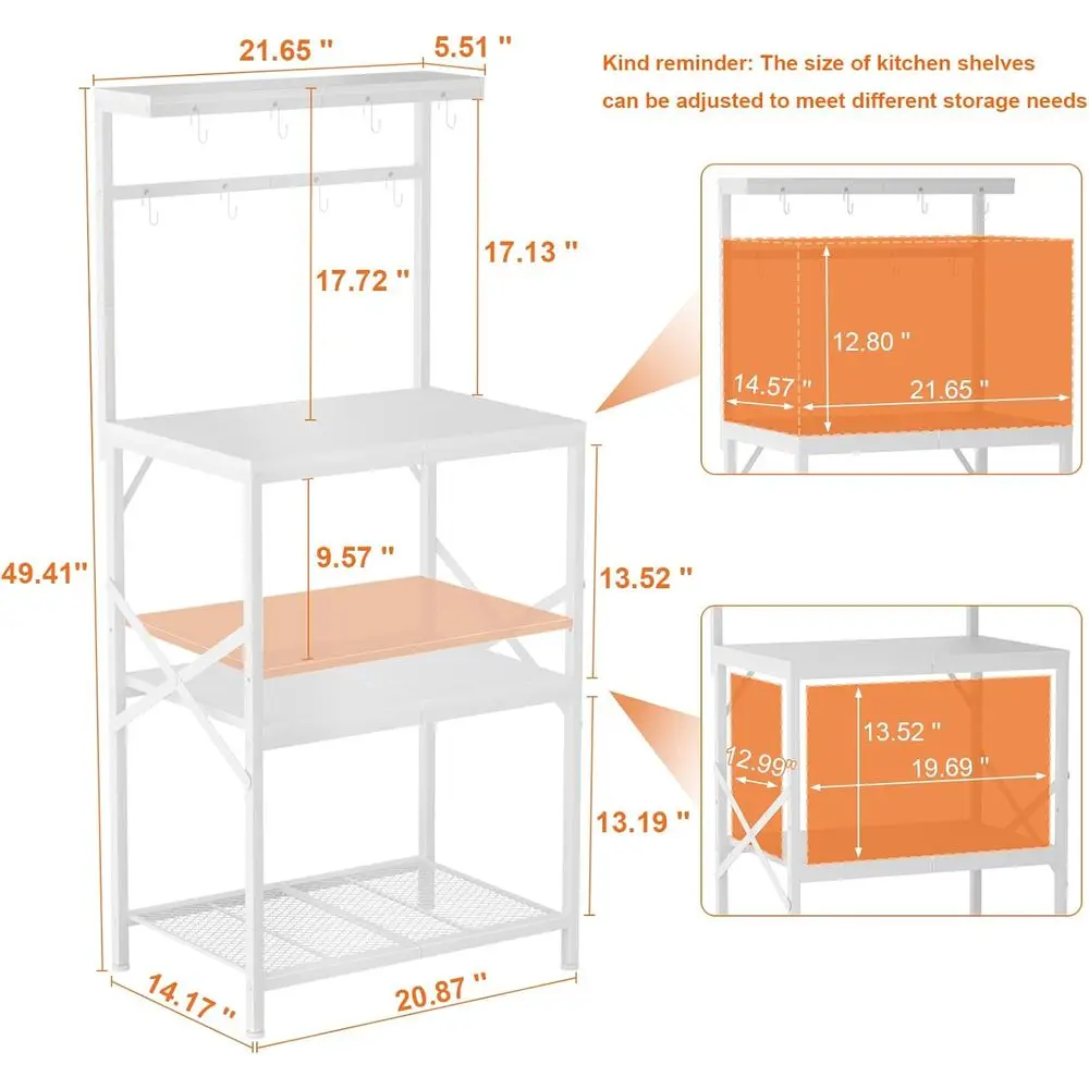 Carrello portaoggetti da cucina bianco a 4 livelli con caffettiera e 8 ganci, ripiani regolabili per elettrodomestici