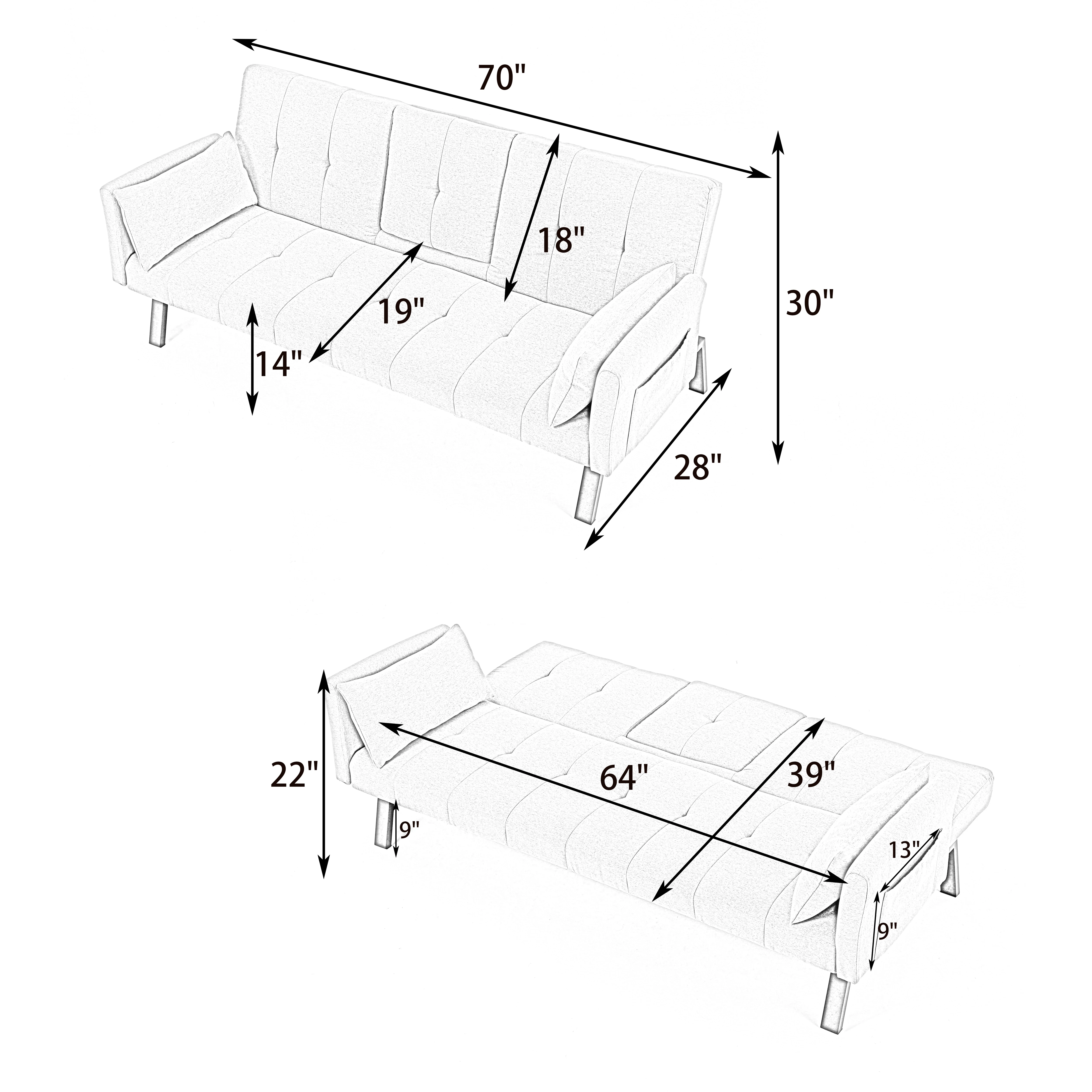 70-inch Multi-functional Sofa Bed That Can Be Folded Equipped With A Coffee Cup Holder And Side Storage Space Allowing For Easy Conversion Between Living Room And Bedroom Use