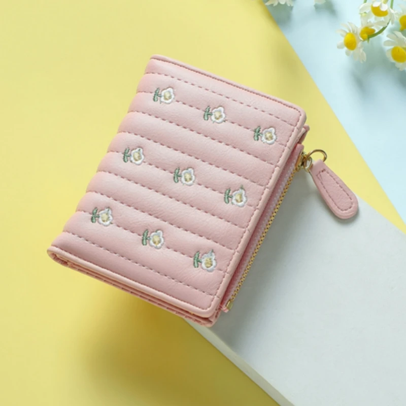 Stylish Clutch Affordable PU Leather Short Wallet New Mini Zipper Money Bag Solid Color Flower Card Holders Girls Women Purse