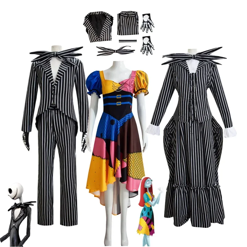 Anime Before Christmas Jack Skellington Cosplay Unisex Costume Sally Dress Set Halloween Party Full Outfit Suit