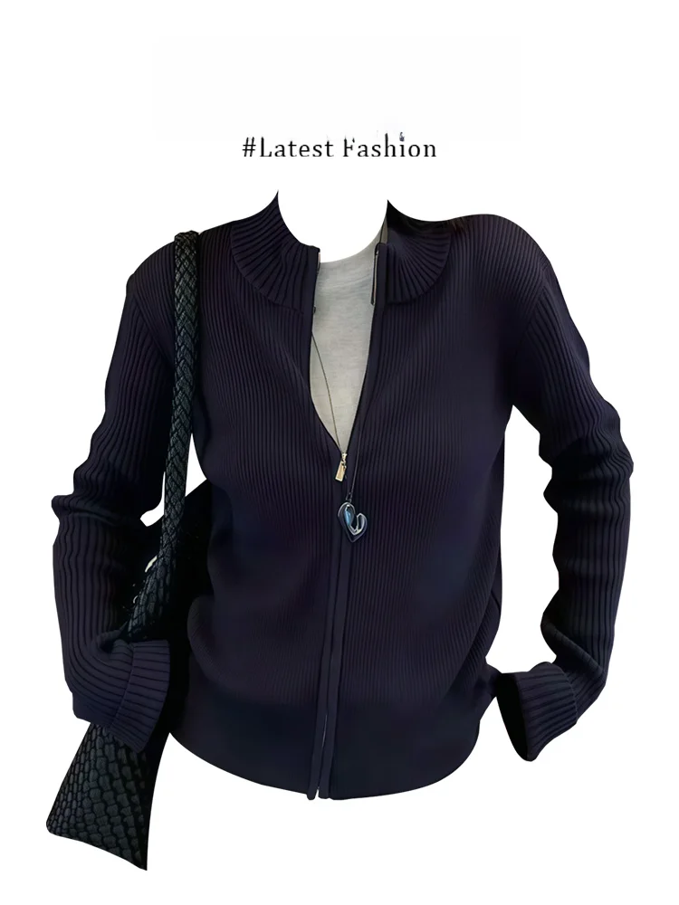 Korean Style Versatile Zipper Knitted Sweater High Waist Jeans Women's Fashion Set Autumn Ootd Complete Outfit Breathable Lig...