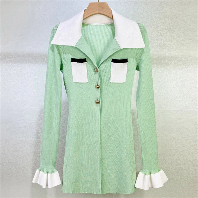 

Cardigan for women New elastic knitted lapel long sleeved top for autumn 2025 Color blocking spliced women's sweater y2k shirt