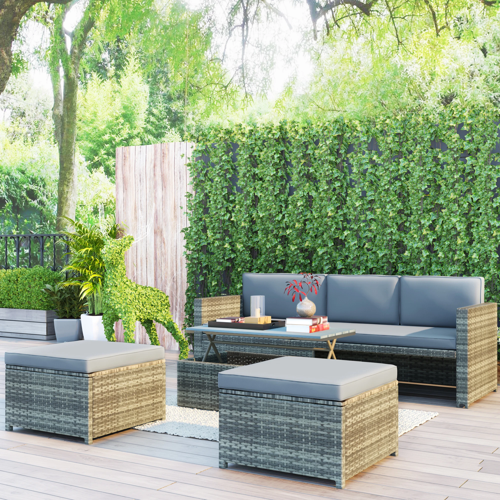 4-Piece Outdoor Backyard Patio Rattan Sofa Set All-weather PE Wicker Sectional Furniture Set W/Retractable Table Gray[US-Stock]