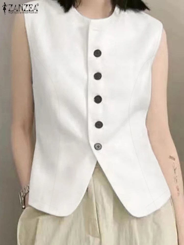 ZANZEA Casual O Neck Waistcoats Old Money Style Solid Color Button Up Elegant Shirts 2024 Fashion Women Sleeveless Vests Tops