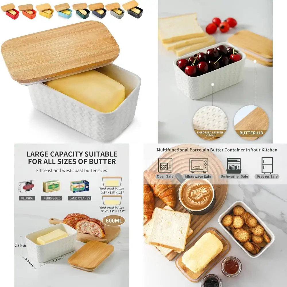 

large butter dish with lid for countertop - farmhouse ceramic butter container holder with cover for fridge,silicone sealing,wh