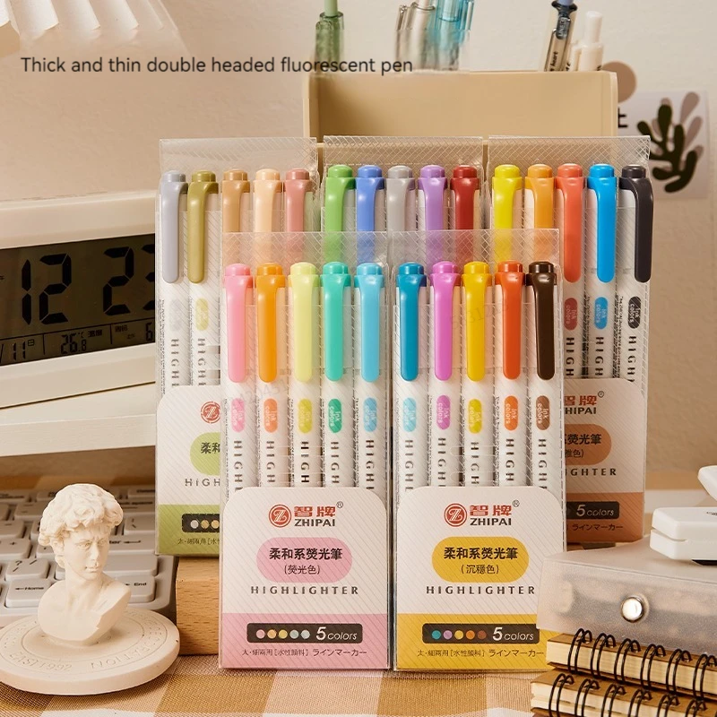 5 Kleuren Tweekoppige Markeerstift Set Fluorescerende Tekening Markers Markeerstiften Pennen Kunst Japans Schattig Pastel Briefpapier