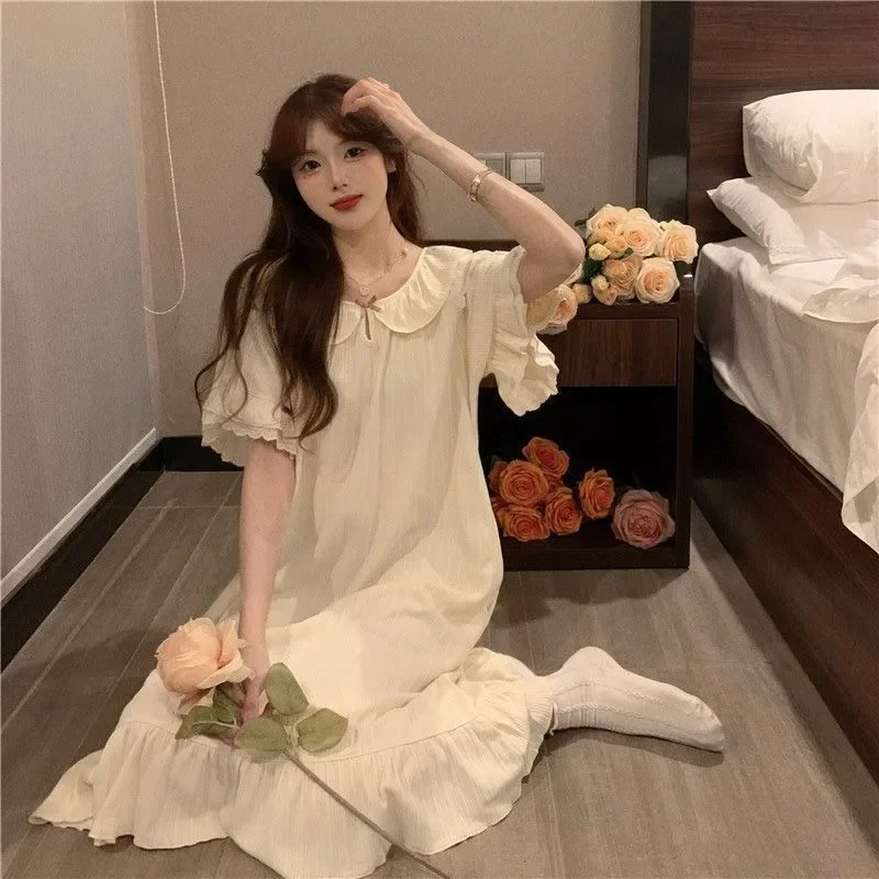 Short Sleeve Pajamas Dress Solid White Sleepwear Summer Sexy Lingerie Korean Fashion Pijama Casual Home Nightgown Female Dresses