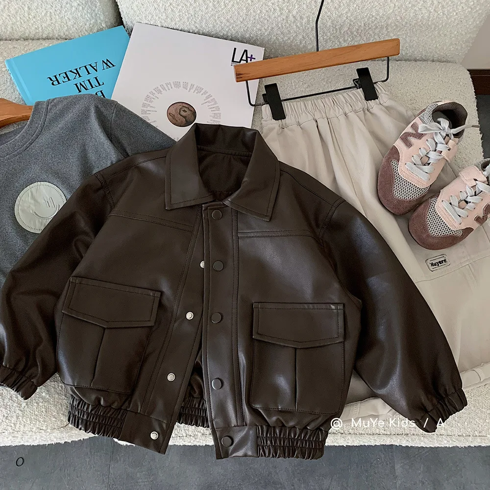 

Autumn 2025 Leather Jacket Children's Clothing Boys' Solid Colour Lapel Jacket Baby Versatile Jacket