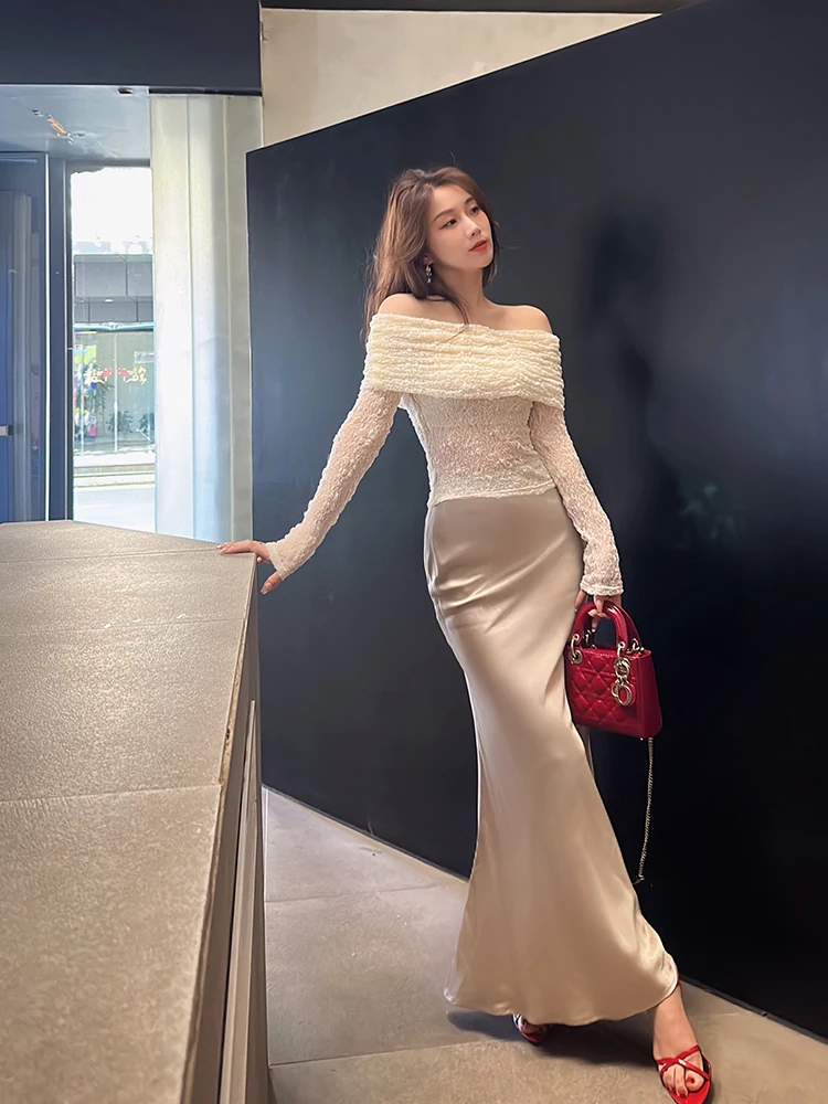 

Silk Satin One-Step Skirt Bodycon Fi Tail f-length Women's New Sle Versatile Light Dr Casual High Waist Pleated