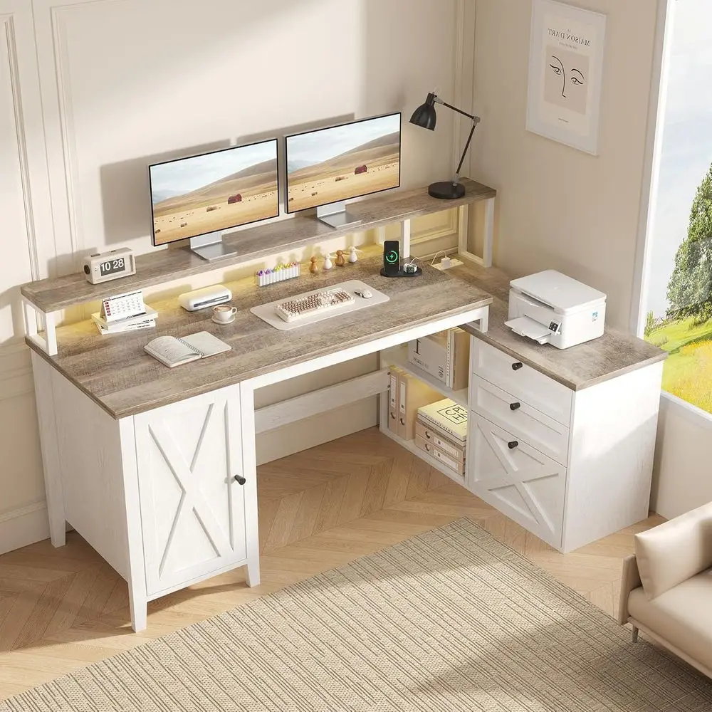

Большой L-образный офисный стол с питанием и светодиодом, подставка для двойного монитора 58, шкаф для хранения, коричневый и белый в деревенском стиле