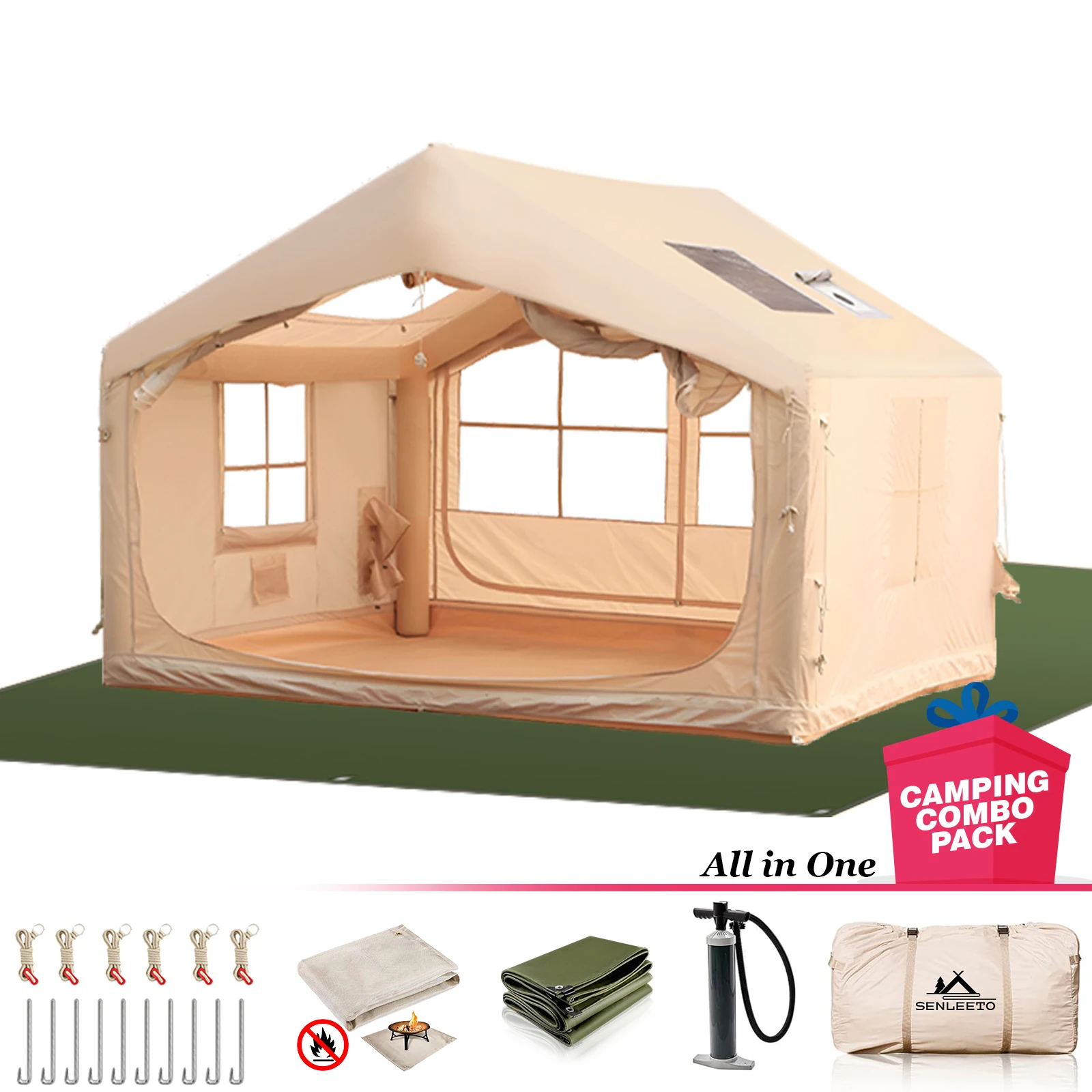 

6-8 Person Inflatable Camping Tent with Waterproof Floor Mat,4 Season Outdoor Glamping Blow Up Tent with Tarp