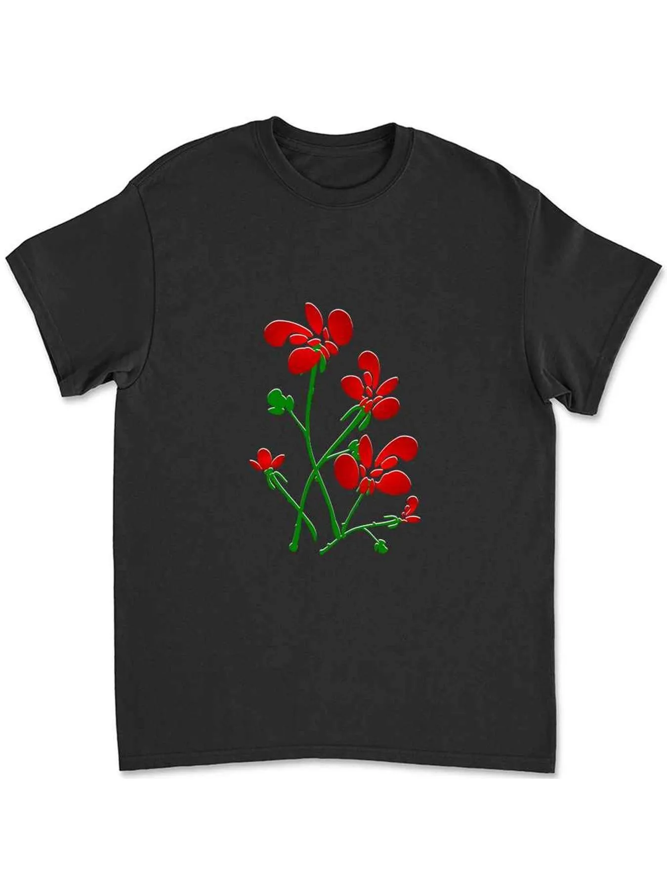 

Men's Classic Crew Neck Black T-Shirt with Vibrant Red Floral Print, Short Sleeves, Regular Fit, Suitable for All Seasons, Casual Wear, Everyday T-Shirt, Bold Graphic T-Shirt, Comfortable Fit T-Shirt