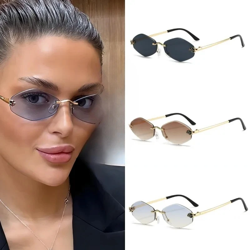 نظارات شمسية بدون إطار بحافة مقطوعة على شكل ألماس نظارات شمسية مخصصة على شكل الفهد مقاومة للأشعة فوق البنفسجية بإطار صغير UV400 نظارات شمسية جديدة #1