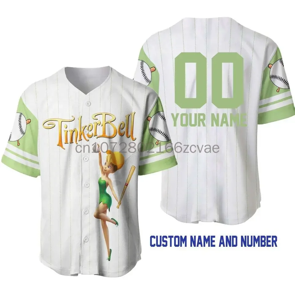 

New Disney Tinker Bell Baseball Jersey Men's Women's Kids Short Sleeve Button Baseball Shirt Casual Sports Shirt