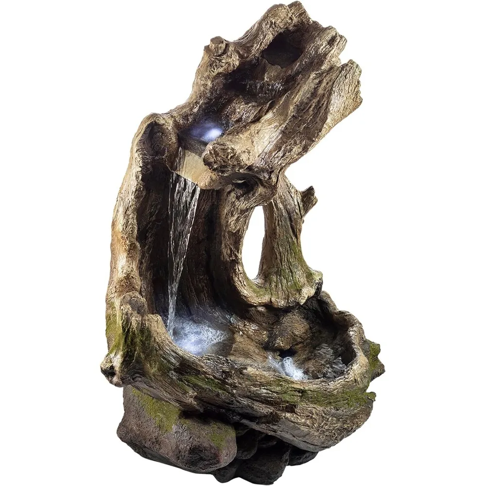 

Outdoor Floor Tiered Log Water Fountain with LED, Rainforest Light Waterfall, for Garden Patio Backyard Deck Home Lawn Porch