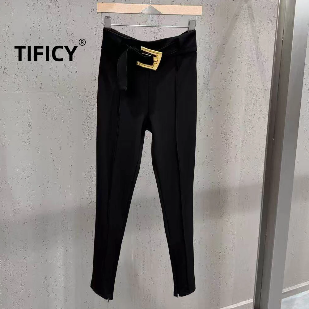 High Street Pants Women's High Waisted Slimming Black Casual Pants Metal Buckle Decoration Hanging Elastic Slim Fit Pants