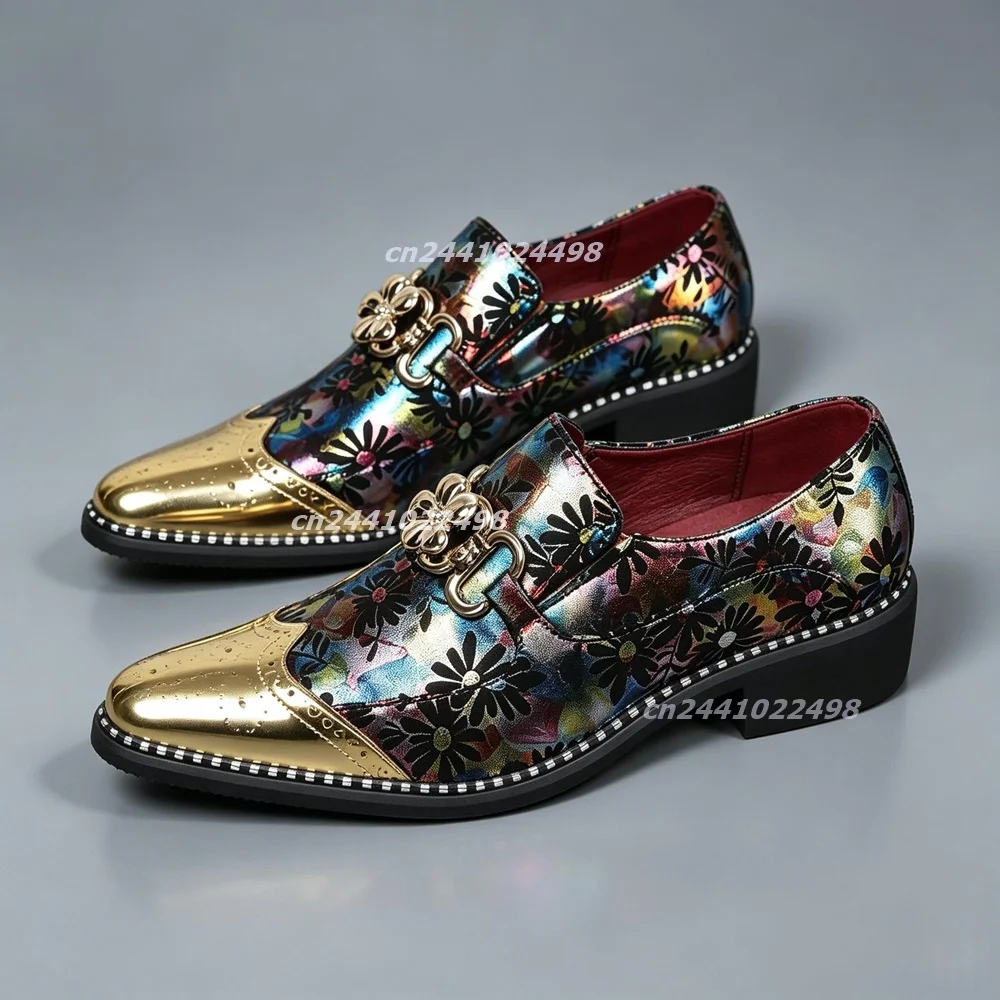 Men's Colorful Floral Print Upper Loafer Shiny Golden Toe Metal Chain Buckle Decor Thick Heel Footwear Large Size Fashion Shoes